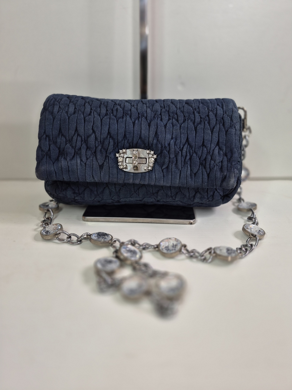 Miu Miu Quilted Navy Chain Shoulder Bag with Crystal Turn-Lock